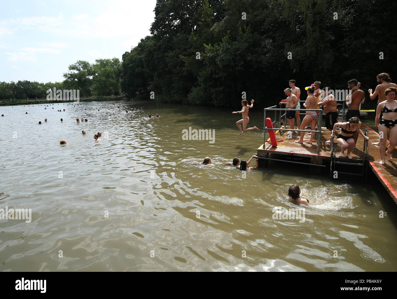 People Swimming At The Mixed Bathing Pond On Hampstead Heath London As Heatwave Conditions