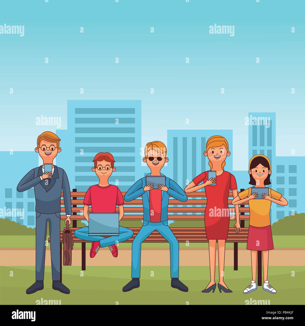 People seated at park chair with technology over cityscape vector ...