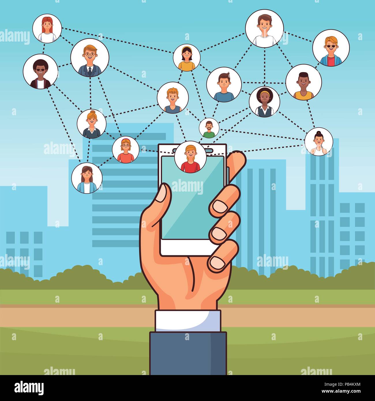 Hands using smartphone to connect people vector illustration graphic design Stock Vector