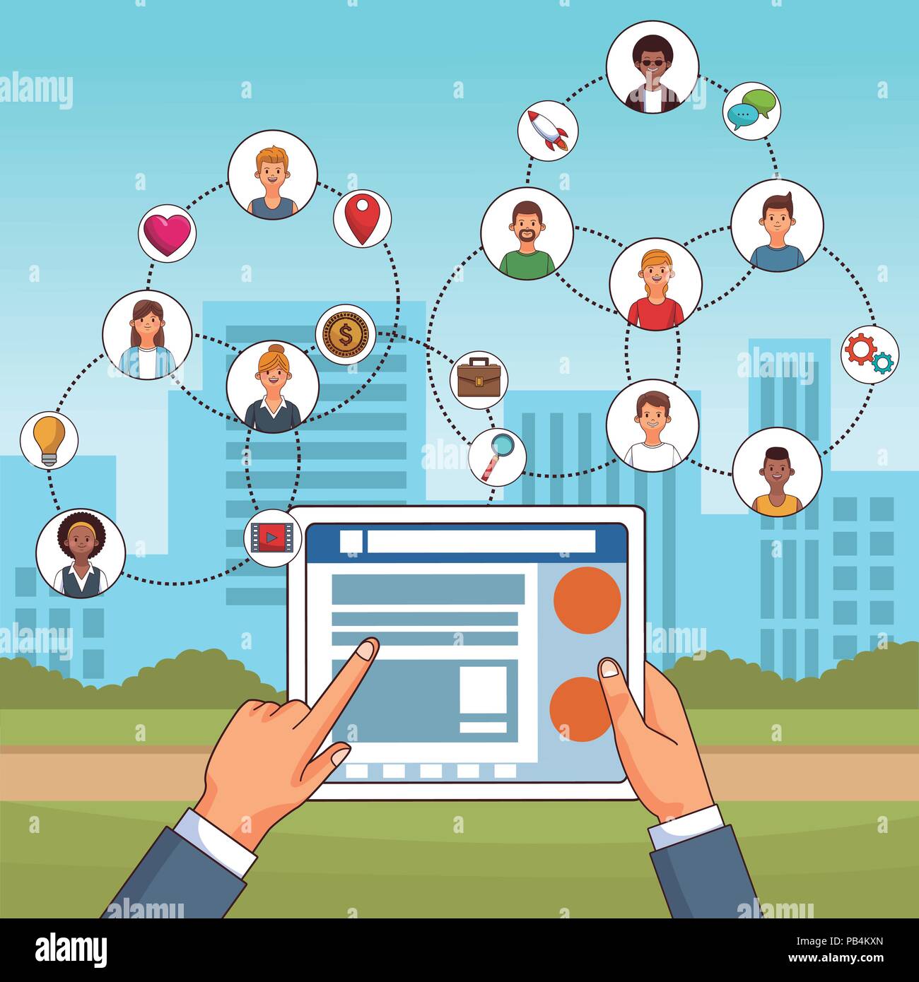Hands using tablet to check social networks vector illustration graphic design Stock Vector