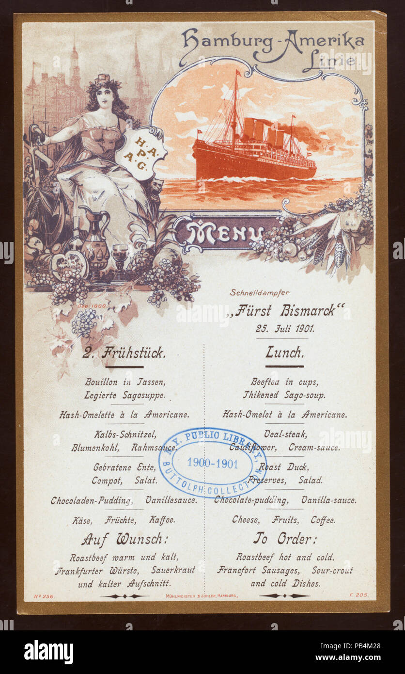 961 LUNCH (held by) HAMBURG-AMERIKA LINIE (at) EN ROUTE ABOARD EXPRESS STEAMER FURST BISMARCK (SS;) (NYPL Hades-277120-469515) Stock Photo