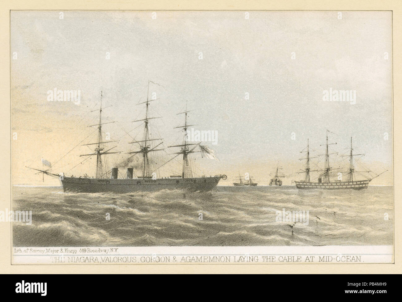 1660 The Niagara, Valorous, Gorgon &amp; Agamemnon laying the cable at mid-ocean (NYPL b13476047-424473) Stock Photo