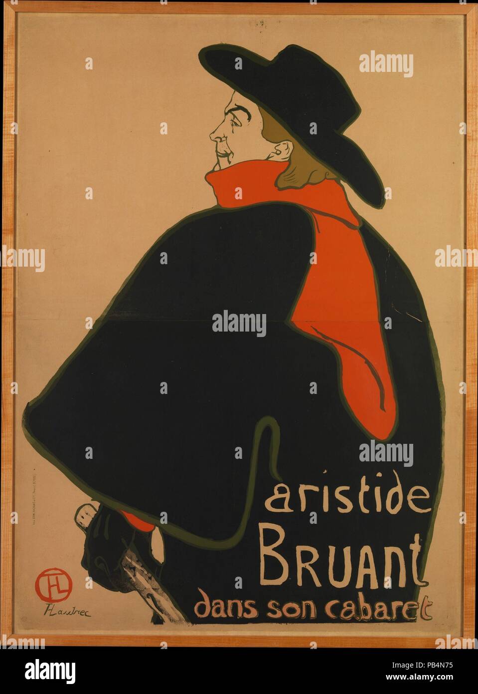 Aristide Bruant, at His Cabaret. Artist: Henri de Toulouse-Lautrec (French, Albi 1864-1901 Saint-André-du-Bois). Dimensions: Sheet: 54 5/16 x 39 in. (138 x 99 cm)  Frame: 56 3/4 × 41 3/4 in. (144.1 × 106 cm). Date: 1893.  Aristide Bruant was a successful singer, songwriter, and entrepreneur who ran a cabaret in the Montmartre quarter of Paris. When he began performing at up-scale café-concerts on the Champs-Élysées, he immediately commissioned Toulouse-Lautrec to market his rough street persona in a manner that would appeal to a bourgeois audience. Seizing on Bruant's trademark costume of a wi Stock Photo