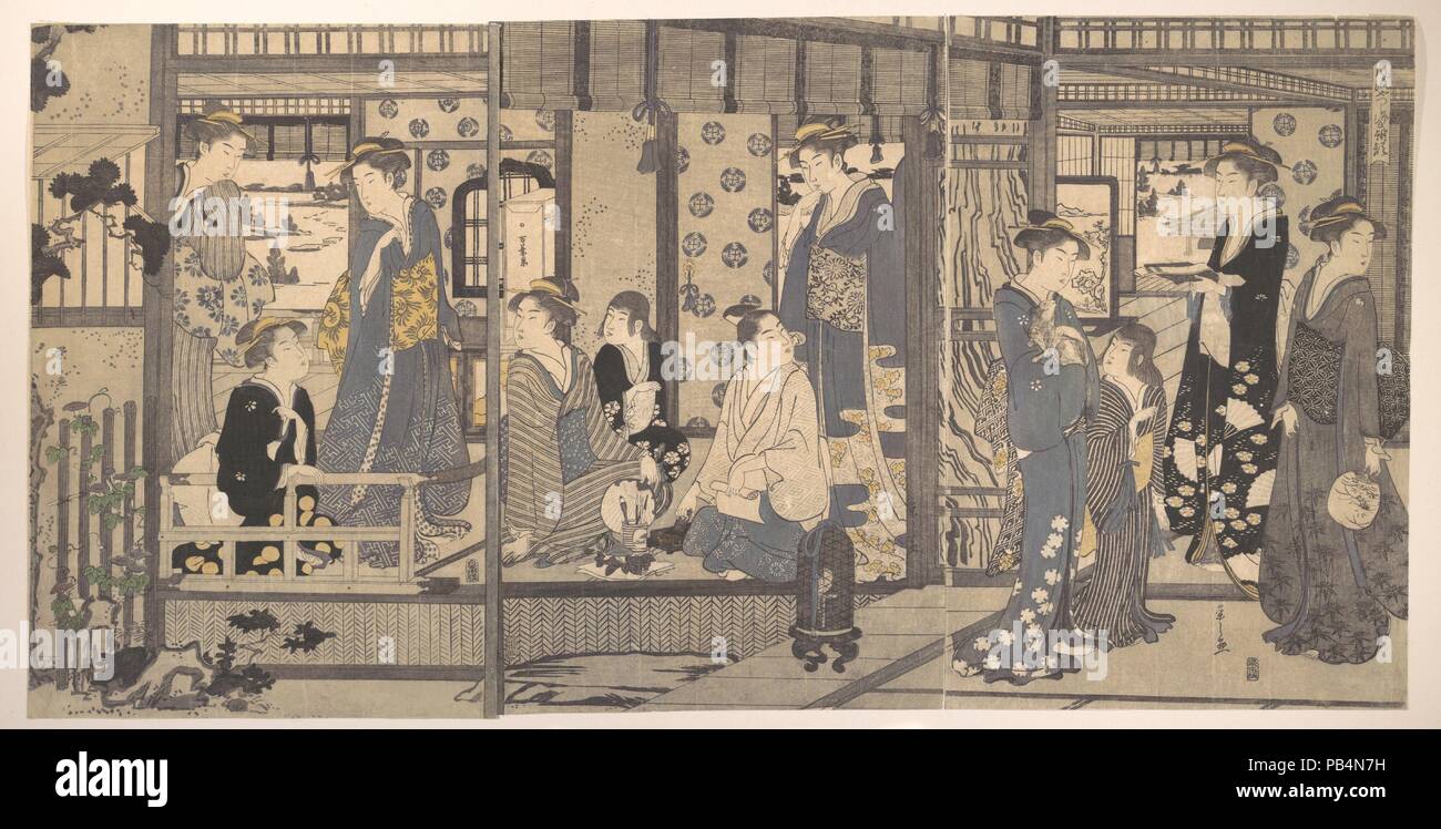 Asagao, from the series 'Genji in Fashionable Modern Guise' (Furyu yatsushi Genji). Artist: Hosoda Eishi (Japanese, 1756-1829). Culture: Japan. Dimensions: a: H. 14 7/8 in. (37.8 cm); W. 9 7/8 in. (25.1 cm); b: H. 14 7/8 in. (37.8 cm); W. 9 3/4 in. (24.8 cm); c: H. 15 in. (38.1 cm); W. 10 in. (25.4 cm). Date: 1789. Museum: Metropolitan Museum of Art, New York, USA. Stock Photo