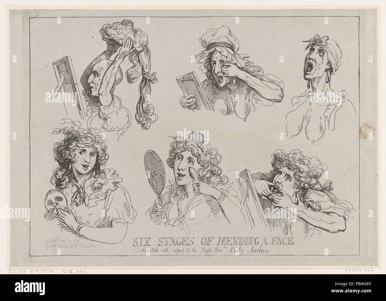 Six Stages of Mending a Face, Dedicated with respect to the Right Hon-ble. Lady Archer. Artist and publisher: Thomas Rowlandson (British, London 1757-1827 London). Dimensions: Sheet: 11 3/16 in. × 16 in. (28.4 × 40.6 cm)  Plate: 10 7/8 × 14 15/16 in. (27.7 × 38 cm). Date: May 29, 1792. Museum: Metropolitan Museum of Art, New York, USA. Stock Photo