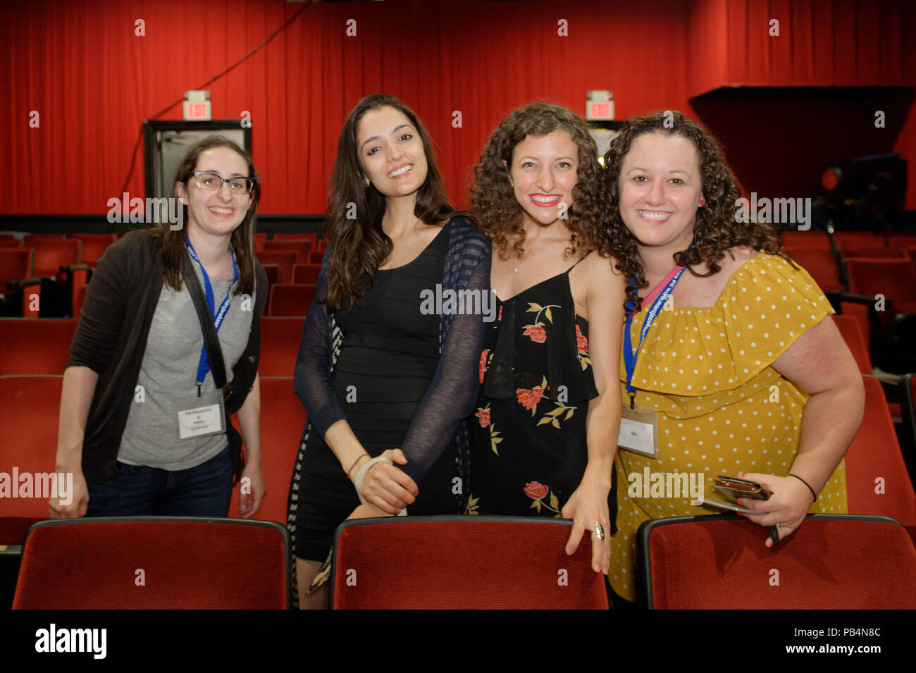 Bellmore, New York, USA. July 18, 2018. L-R, STEPHANIE DONNELLY, director and writer of short film The Adventures of Penny Patterson; AJNA JAI, actor playing Penny Patterson; BETHANY NICOLE TAYLOR, lead actress in romcom short film Joe; and SHARA ASHLEY ZEIGER, producer and writer of film Joe, chat after final block of films at LIIFE 2018, the Long Island International Film Expo. Stock Photo