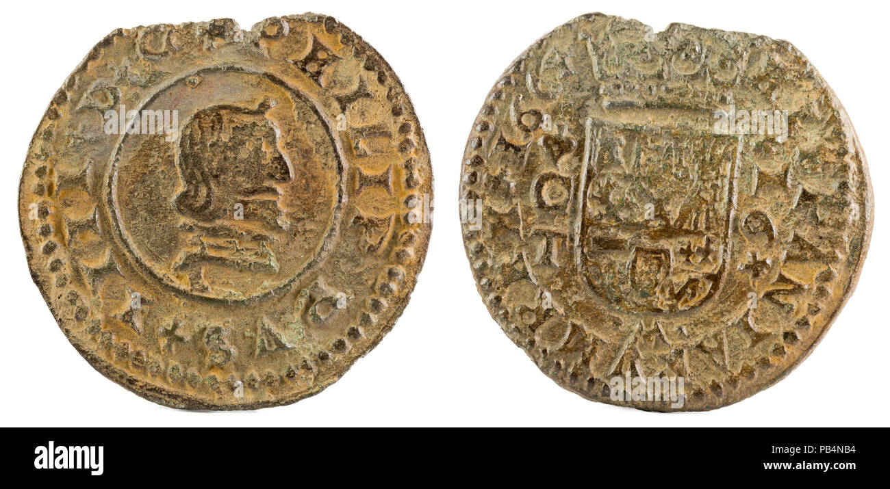 Ancient Spanish copper coin of King Felipe IV. 1664. Coined in Cordoba