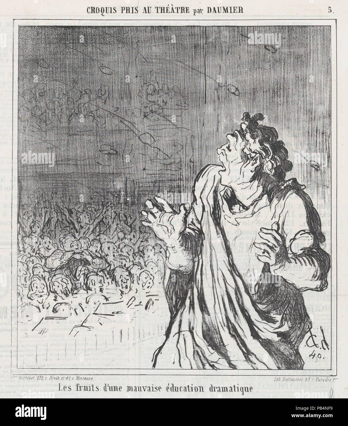 The results of bad dramatic timing, from 'Theater sketches,' published in Le Charivari, 1864. Artist: Honoré Daumier (French, Marseilles 1808-1879 Valmondois). Dimensions: Image: 9 5/16 × 8 1/2 in. (23.7 × 21.6 cm)  Sheet: 11 9/16 × 11 13/16 in. (29.3 × 30 cm). Printer: Destouches (Paris). Publisher: Aaron Martinet (French, 1762-1841). Series/Portfolio: 'Theater sketches' (Croquis pris au théatre). Date: 1864. Museum: Metropolitan Museum of Art, New York, USA. Stock Photo