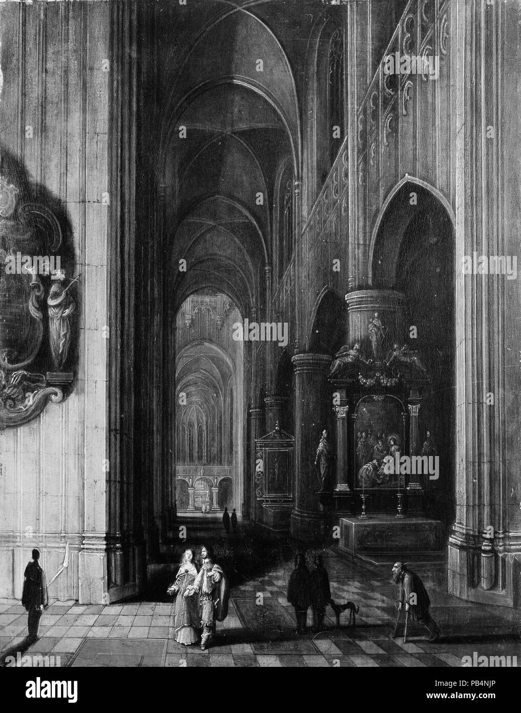 Interior of a Gothic Church at Night. Artist: and Frans Francken III (Flemish, 1607-1667); Pieter Neeffs the Younger (Flemish, 1620-after 1675). Dimensions: 10 x 7 3/4 in. (25.4 x 19.7 cm). Date: ca. 1660.  The sculpted and human figures and the altarpiece (based on the Rubens at Mechlin) were executed by 'the young Francken,' as the signature attests. He frequently collaborated with the architectural painters Pieter Neeffs the Elder and the Younger. Small nocturnal views, with their jewel-like effects of artificial illumination, were popularized in the genre by Hendrick van Steenwyck the Youn Stock Photo