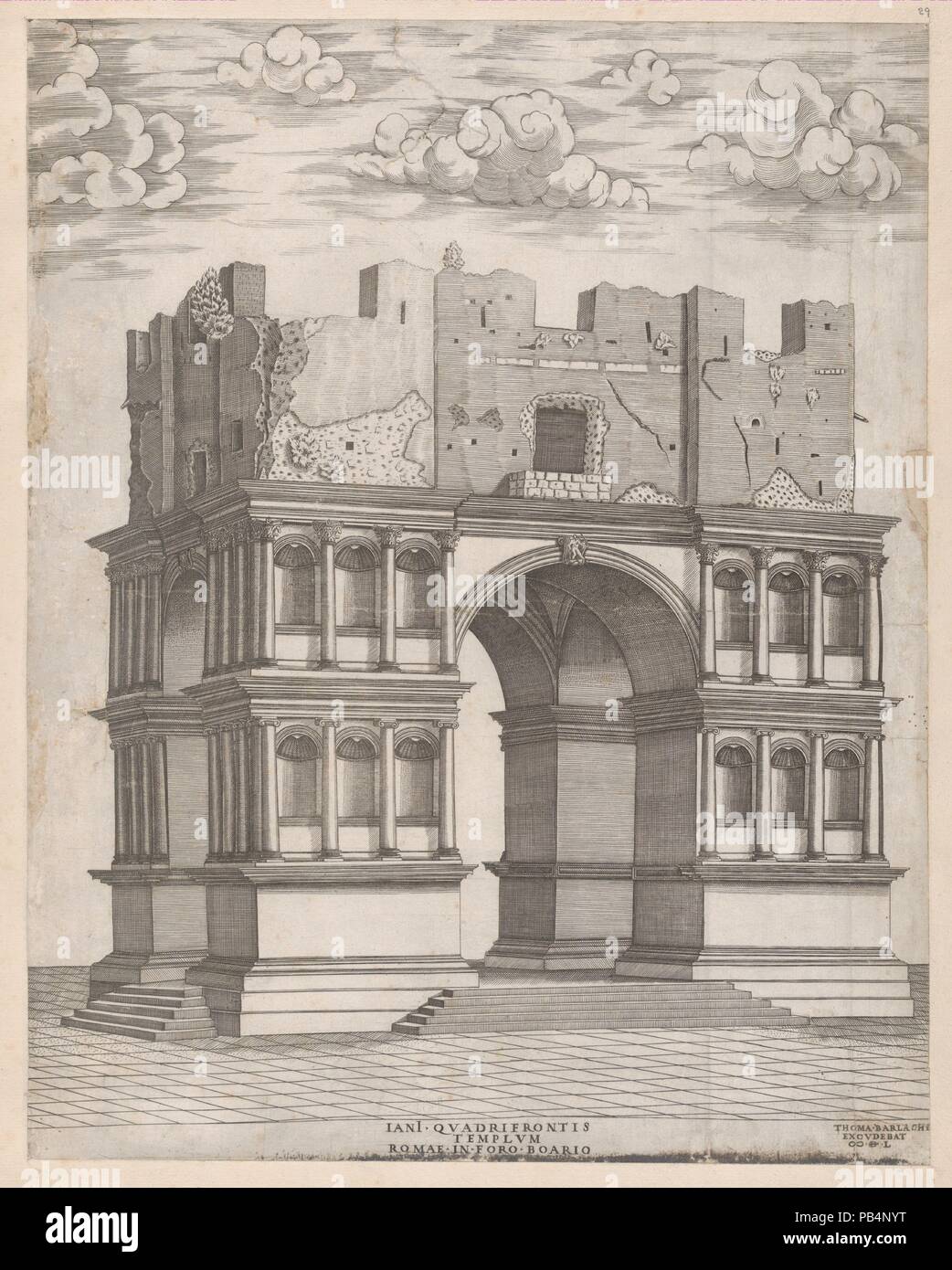 Speculum Romanae Magnificentiae: Temple of Janus. Artist: Anonymous. Dimensions: sheet: 22 1/8 x 16 3/4 in. (56.2 x 42.6 cm)  plate: 17 11/16 x 13 7/8 in. (45 x 35.2 cm). Publisher: Tommaso Barlacchi (active Rome, 1541-50). Series/Portfolio: Speculum Romanae Magnificentiae. Date: 1550.  This print comes from the museum's copy of the Speculum Romanae Magnificentiae (The Mirror of Roman Magnificence) The Speculum found its origin in the publishing endeavors of Antonio Salamanca and Antonio Lafreri. During their Roman publishing careers, the two foreign publishers - who worked together between 15 Stock Photo