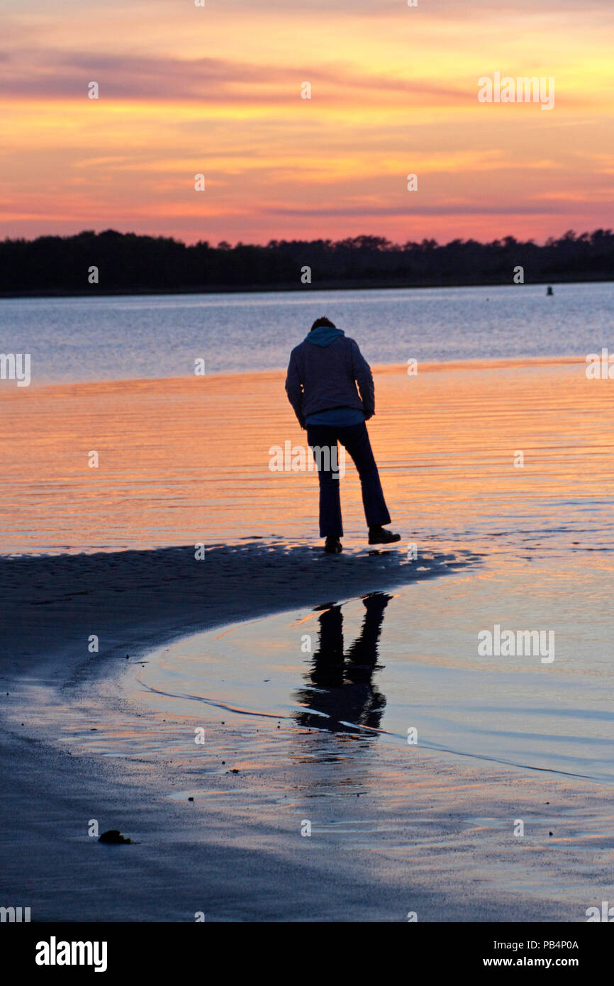Silhouette of a person standing at the water's edge of a beach at