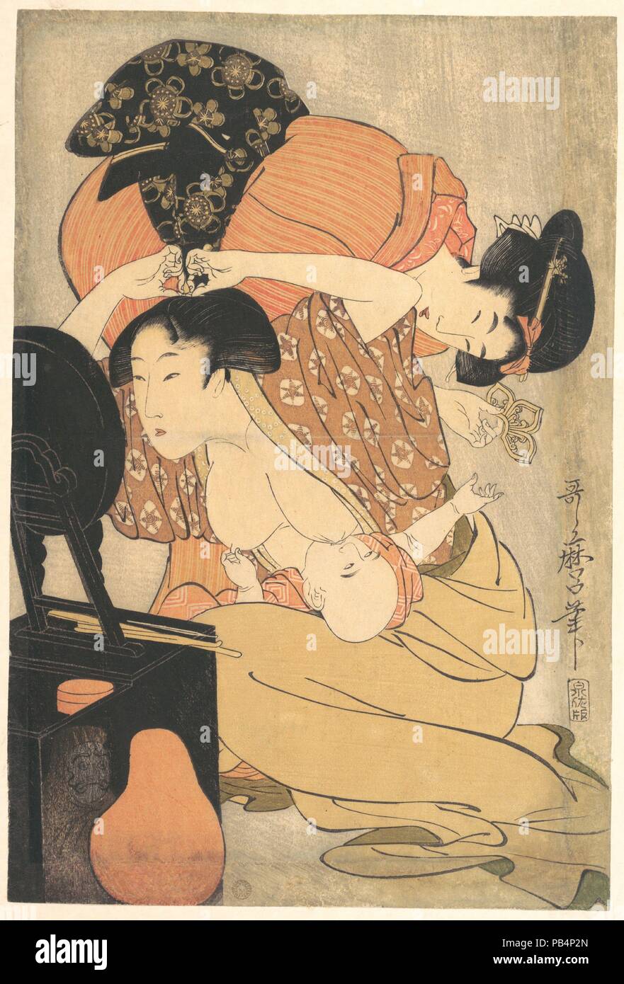 Mother and Child. Artist: Kitagawa Utamaro (Japanese, ca. 1754-1806). Culture: Japan. Dimensions: H. 14 5/8 in. (37.1 cm); W. 10 in. (25.4 cm). Date: ca. 1793.  Utamaro composed this two image with considerable skill and humor, creating a circular movement through gazes and gestures. The mother and child are simultaneously involved in multiple activities. The mother arranges her coiffure before a mirror stand and nurses her baby, while he suckles, pinches her other nipple, and reaches for a toy that is offered by another woman. Museum: Metropolitan Museum of Art, New York, USA. Stock Photo