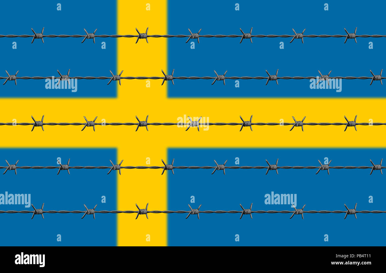 Barbed Wires In Front. Swedish Flag Behind. Stock Photo