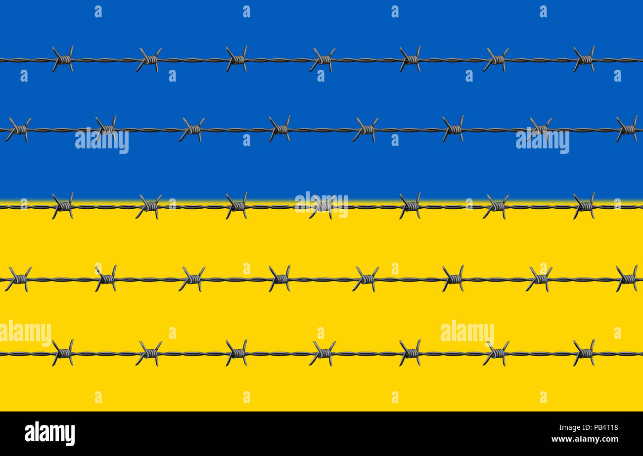 Barbed Wires In Front. Ukrainian Flag Behind. Stock Photo