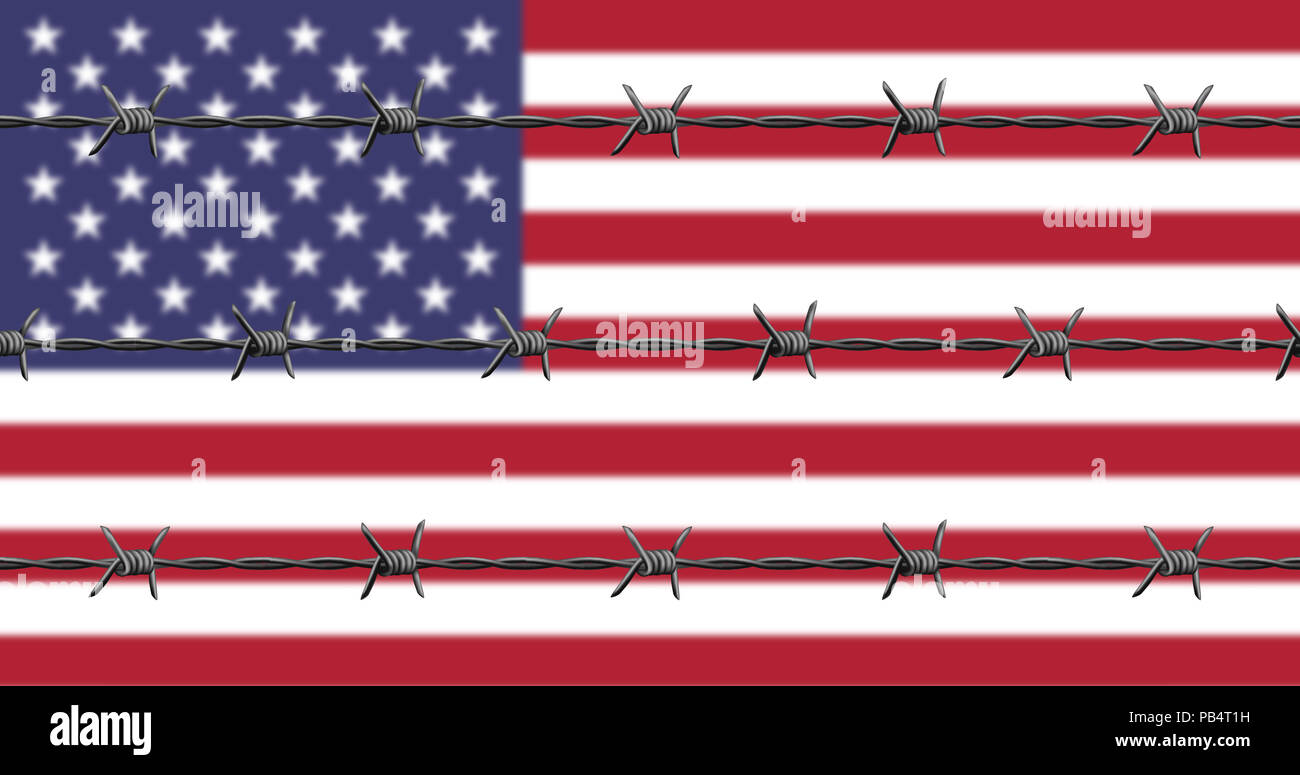 Barbed Wires In Front. USA Flag Behind Stock Photo - Alamy