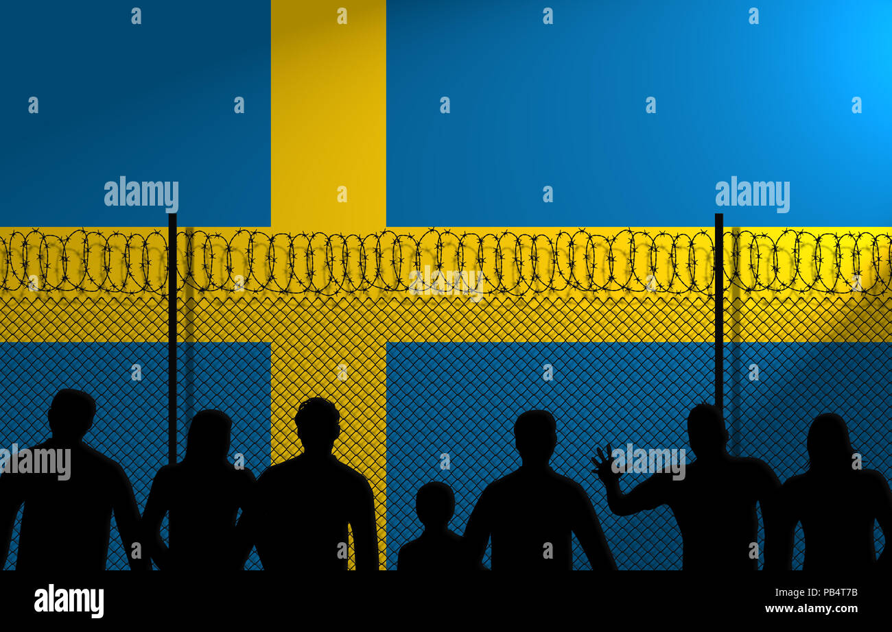 People in front of a secured fence. Swedish flag behind. Stock Photo