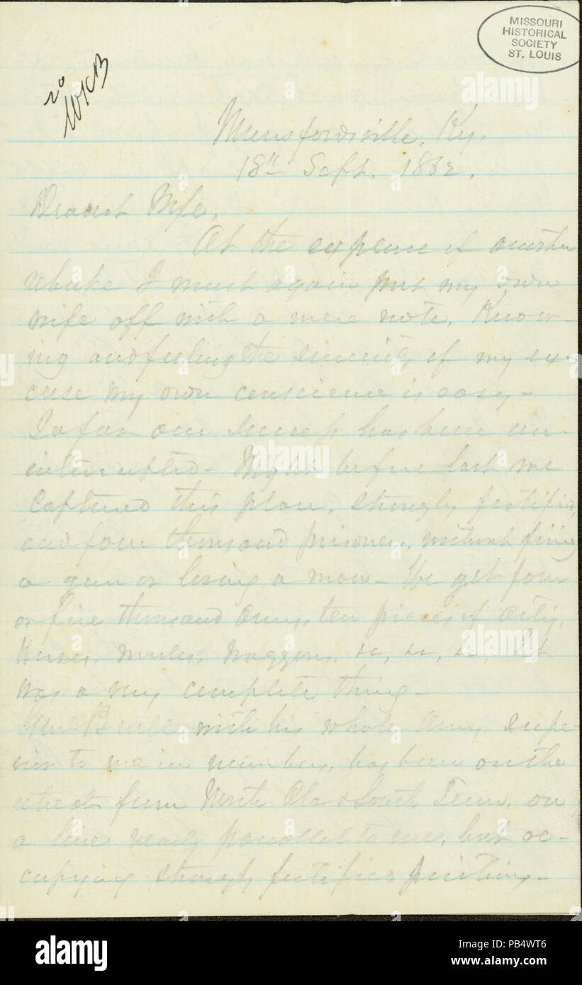 905 Letter signed Braxton Bragg, Munfordville, Kentucky, to his wife, September 18, 1862 Stock Photo