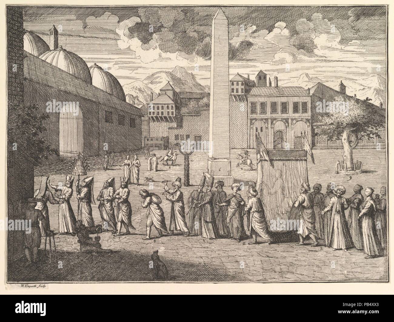 Procession through the Hippodrome, Constantinople (Aubry de La Mottraye's 'Travels throughout Europe, Asia and into Part of Africa...,'  London, 1724, vol. I, plate 15). Artist: After Jean Baptiste Vanmour (French, Valenciennes 1671-1737 Istanbul). Author: Illustrates Aubry de La Mottraye (French, 1674-1743). Dimensions: sheet: 9 13/16 x 13 7/16 in. (24.9 x 34.1 cm). Etcher: William Hogarth (British, London 1697-1764 London). Date: 1723-24. Museum: Metropolitan Museum of Art, New York, USA. Stock Photo