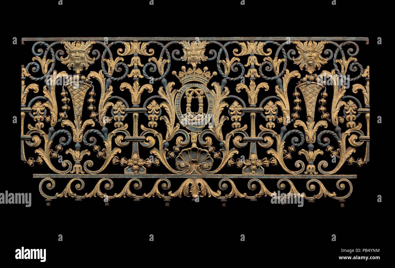 Staircase balustrade. Culture: British. Dimensions: Assembled dim: H. (approx.) 35 ft. (10.675 m); H. of stair railings 2-3 ft. (61-91.4 cm); W. between rails 12 ft. (3.66 m); W. of top of stairs 8 ft. (2.44 m); H. of tread 4 in. (10.2 cm);  top rail: 36 1/2 × 76 × 3 1/2 in. (92.7 × 193 × 8.9 cm)  Crated components:  4 crates: 6 x 172 x 36 in. (15.2 x 436.9 x 91.4 cm)  1 crate: 6 x 131 x 34 in. (15.2 x 332.7 x 86.4 cm)  2 crates: 37 x 78 x 22 in. (94 x 198.1 x 55.9 cm)  1 crate: 38 x 77 x 20 in. (96.5 x 195.6 x 50.8 cm)  1 crate: 35 x 50 x 22 in. (88.9 x 127 x 55.9 cm). Date: probably ca. 1747 Stock Photo