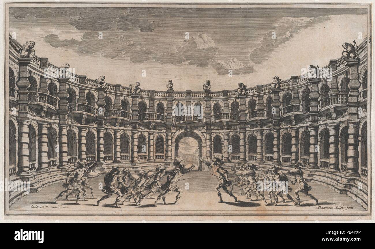Amphitheater with two groups of soldiers running toward each other; set  design from 'Il Pomo D'Oro'. Artist: Mathäus Küsel (German, 1621-1682);  after Ludovico Ottaviano Burnacini (Italian, Mantua 1636-1707 Vienna  (active Austria)). Dimensions: