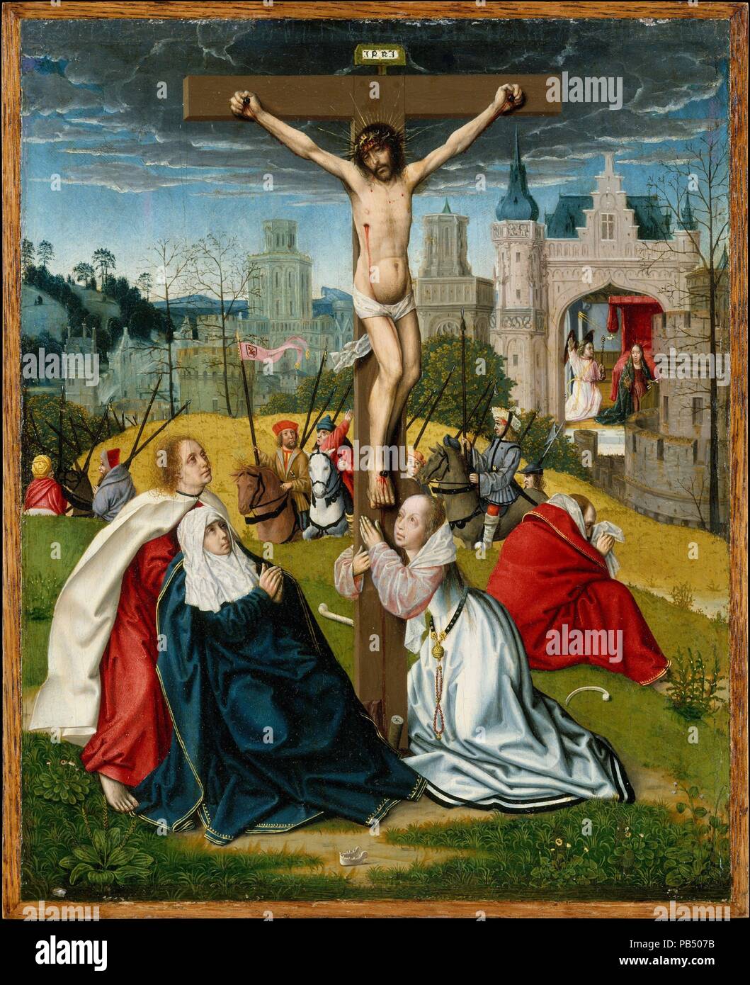 The Crucifixion. Artist: Attributed to Jan Provost (Netherlandish, Mons (Bergen) ca. 1465-1529 Bruges). Dimensions: Overall 13 1/8 x 10 3/4 in. (33.3 x 27.3 cm); painted surface 12 5/8 x 10 1/4 in. (32.1 x 26 cm). Date: ca. 1495.  This exquisite private devotional painting contrasts Mary's joy at the Annunciation, shown in the background, with her sorrow at the Crucifixion, where she swoons in John's arms. The darkened sky heightens the poignancy of the Passion scene. Scattered around the cross are bones, referring to the belief that Adam's skull was located on Golgotha. The pairing of the Ann Stock Photo