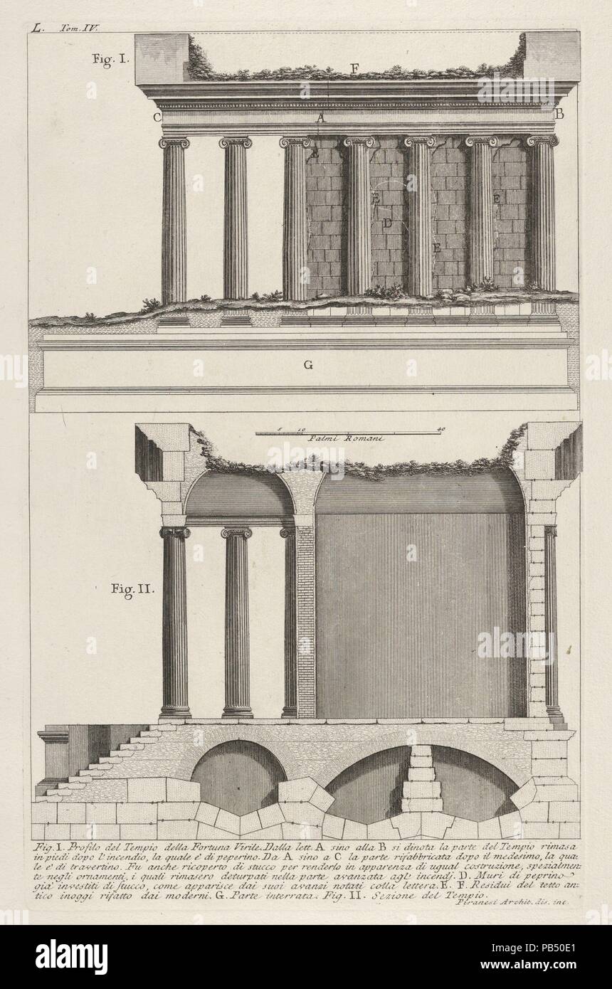 Profile of the Temple of Fortuna Virilis (Profilo del Tempio della Fortuna Virile), and section of the temple, from the series 'Le Antichità Romane'. Artist: Giovanni Battista Piranesi (Italian, Mogliano Veneto 1720-1778 Rome). Dimensions: Sheet: 20 3/8 x 14 13/16 in. (51.8 x 37.6 cm)  Plate: 15 3/8 x 9 11/16 in. (39.1 x 24.6 cm). Series/Portfolio: Le Antichità Romane. Date: 1756. Museum: Metropolitan Museum of Art, New York, USA. Stock Photo