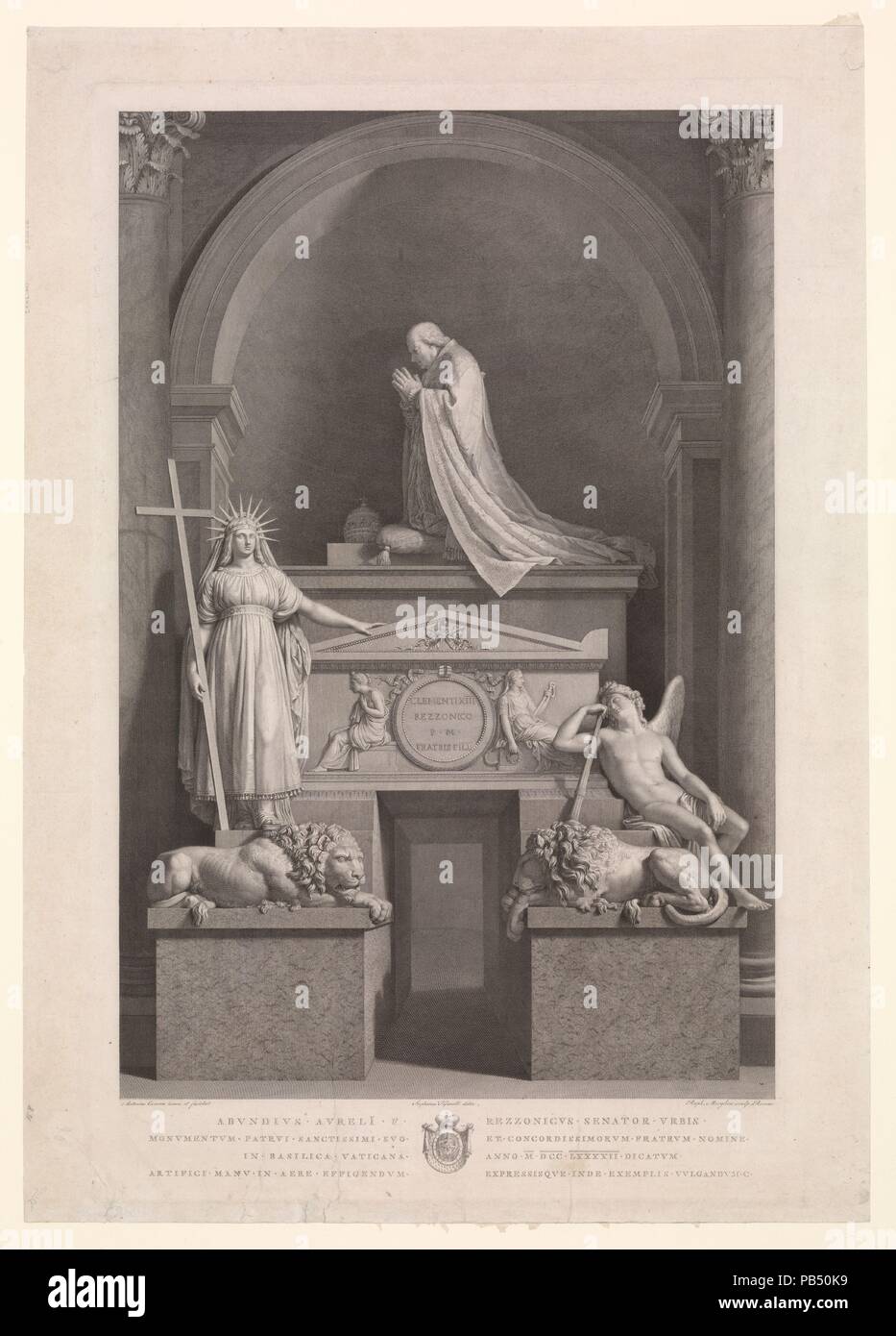 The tomb of Pope Clement XIII Rezzonico in the Vatican. Artist: Raphael Morghen (Italian, Naples 1758-1833 Florence); After Antonio Canova (Italian, Possagno 1757-1822 Venice); Intermediary draughtsman Stephano Tofanelli (Italian, 1752-1812). Dimensions: Plate: 29 3/4 × 18 7/8 in. (75.5 × 47.9 cm)  Sheet: 31 11/16 × 22 7/16 in. (80.5 × 57 cm). Published in: Rome. Date: ca. 1790. Museum: Metropolitan Museum of Art, New York, USA. Stock Photo