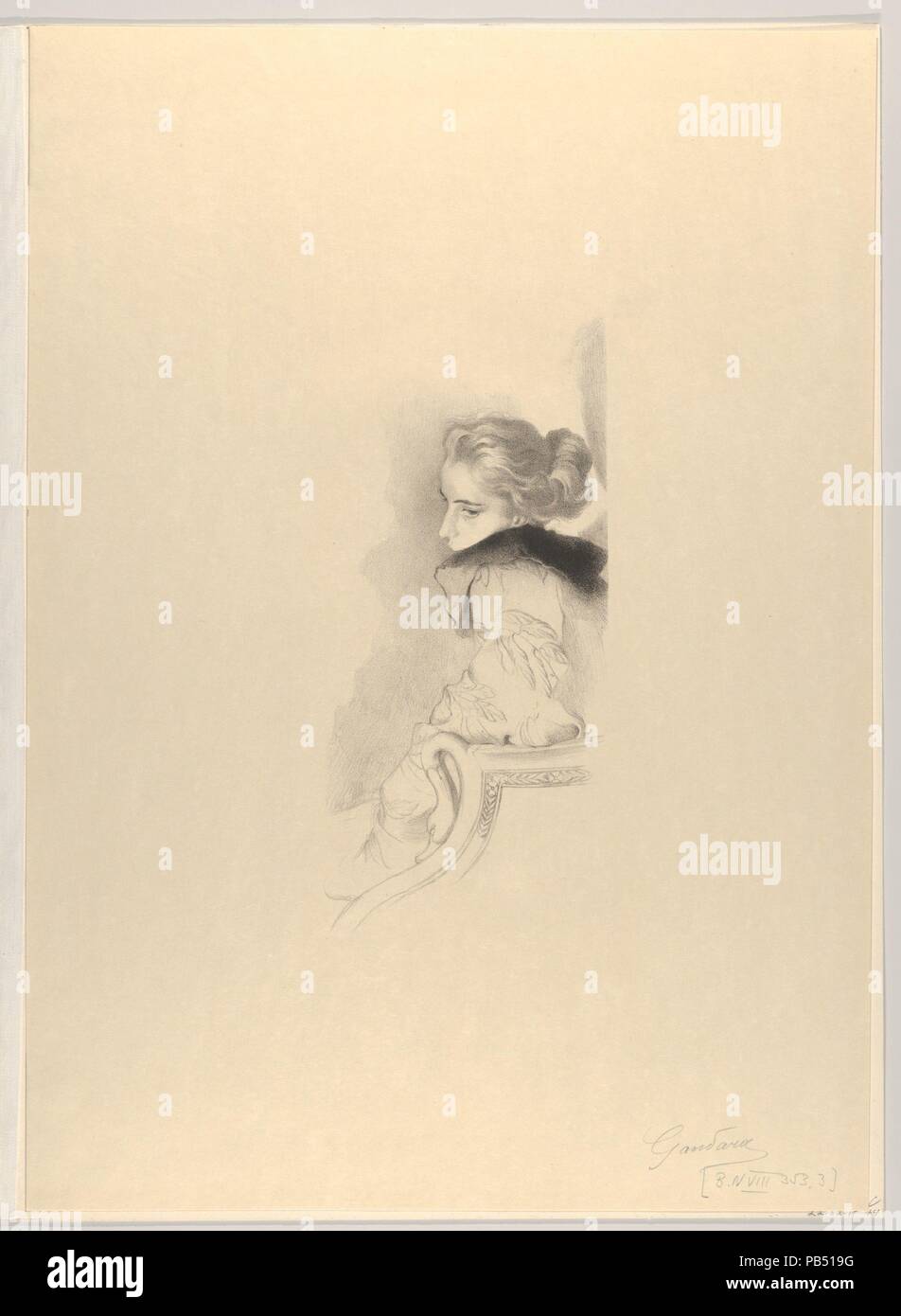 Seated Woman (Femme assise). Artist: Antonio de la Gandara (French, Paris 1861-1916 Paris). Dimensions: Image: 10 1/4 × 4 3/4 in. (26 × 12 cm)  Sheet: 18 13/16 × 13 7/16 in. (47.8 × 34.2 cm). Publisher: André Marty (French, born 1857). Series/Portfolio: L'Estampe originale, Album V. Date: 1894. Museum: Metropolitan Museum of Art, New York, USA. Stock Photo