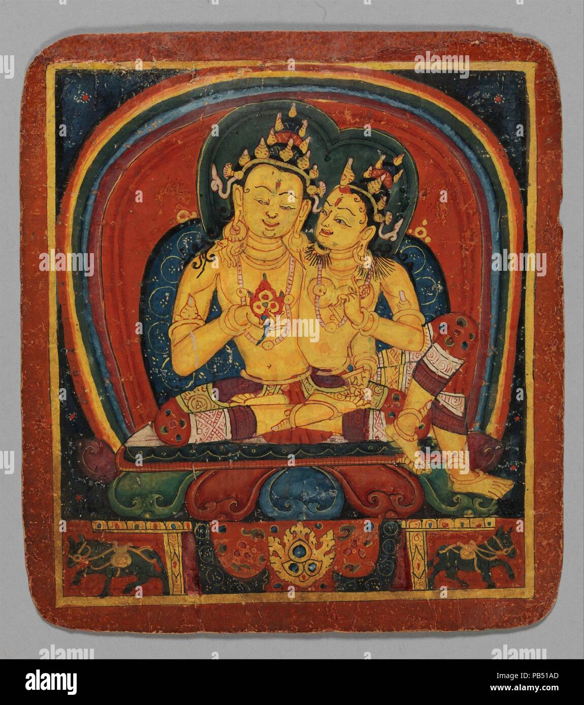 Initiation Card (Tsakalis): Ratnasambhava. Culture: Tibet. Dimensions: Each 6 1/4 x 5 3/4 in. (16 x 14.5 cm). Date: early 15th century.  Tsakali cards were used by itinerant teachers moving from one monastery to another in order to evoke Vajrayana Buddhist deities. When laid on the ground in the form of a mandala, as seen here, they functioned to create a fixed sacred space like that of a temple. The deities shown on these initiation cards include the Tathagata Buddhas, various bodhisattvas, fierce protectors, and the six possible realms of rebirth seen across the bottom. They probably were ma Stock Photo