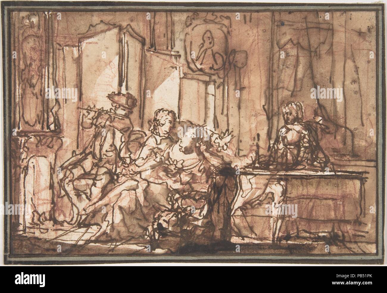 Interior with Figures. Artist: Anonymous, French, 18th century. Dimensions: 4 3/8 x 6 9/16 in.  (11.1 x 16.6 cm). Date: 18th century. Museum: Metropolitan Museum of Art, New York, USA. Stock Photo