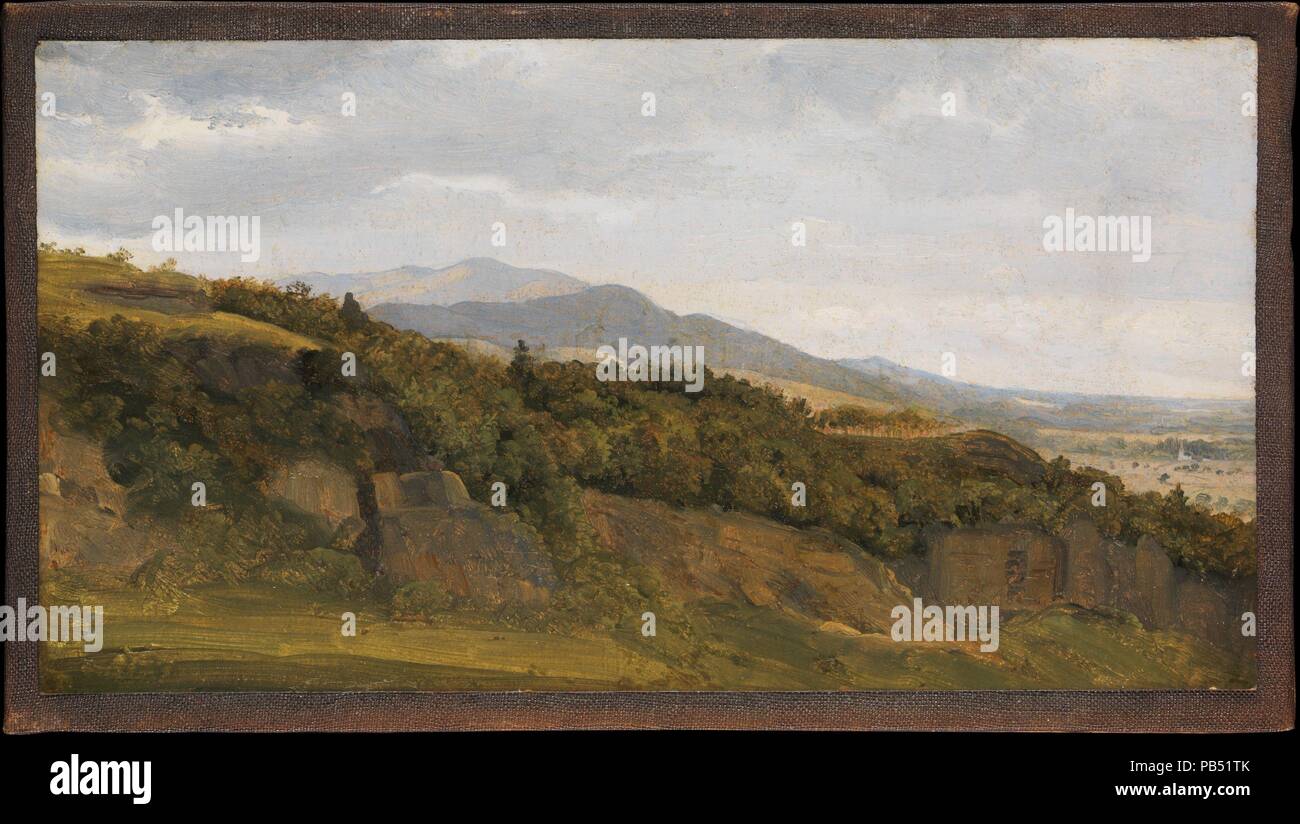 German Landscape with View towards a Broad Valley. Artist: Fritz Petzholdt (Danish, Copenhagen 1805-1838 Patras). Dimensions: Original paper support: 5 3/16 x 9 11/16 in. (13.2 x 24.6 cm)  Paper support mounted on stretched canvas: 5 13/16 x 10 1/4 in. (14.8 x 26 cm). Date: ca. 1829-30.  Of all the followers of Christoffer Wilhelm Eckersberg (1783-1853), the founding father of the Golden Age of Danish painting, only Petzholdt devoted himself exclusively to landscape. Although the precise location of this small view has not been determined, it was evidently painted in Germany, where the artist  Stock Photo
