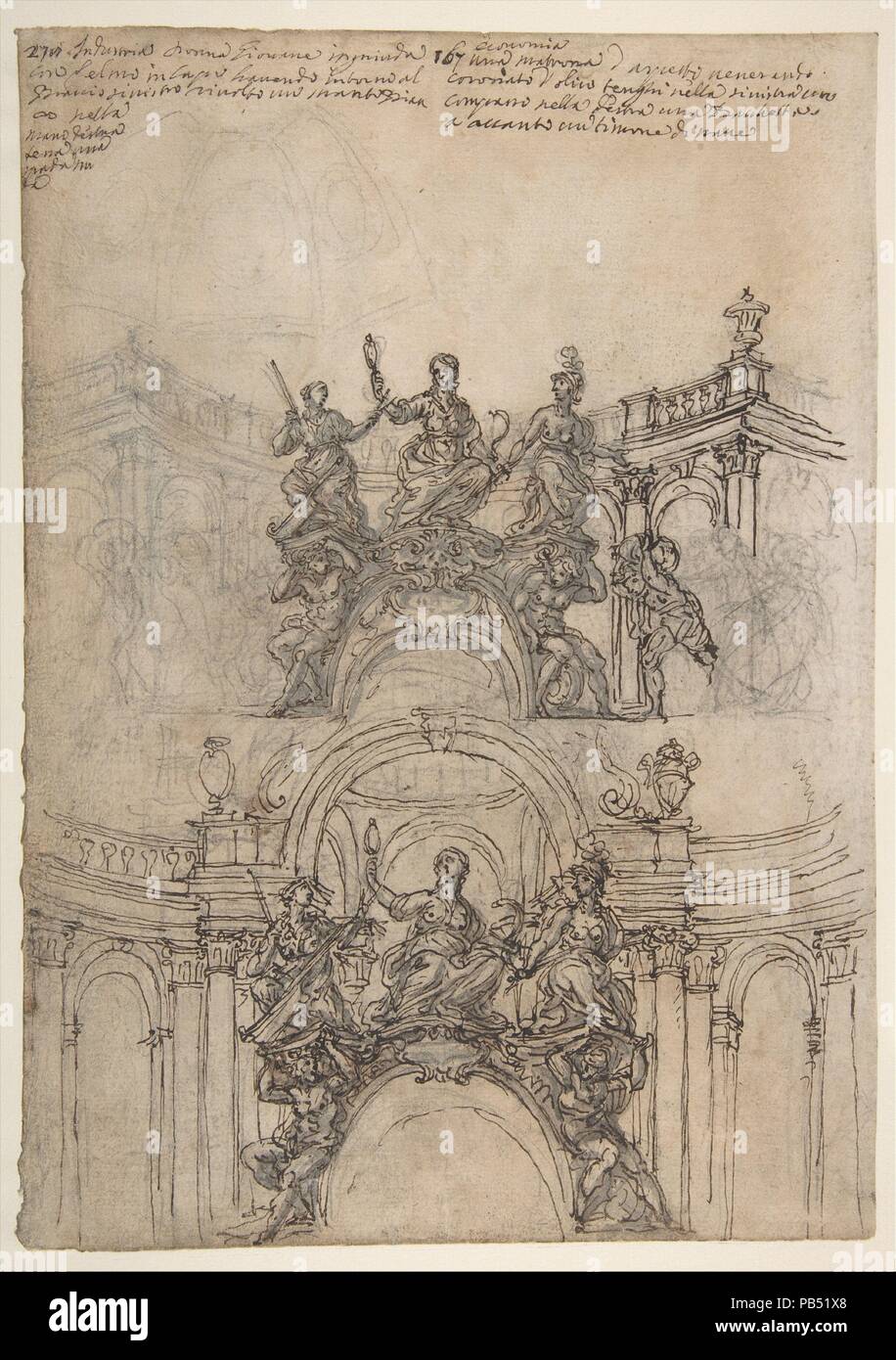 Studies for a Sculpture with Figures of Prudence, Industry and Economy Supported by Slaves and an Oval Plaque with Cartouche; Separate Study for a Cupola (Recto). Studies for Figural Ornament (Verso). Artist: Giovanni Battista Foggini (Italian, Florence 1652-1725 Florence). Dimensions: sheet: 11 15/16 x 8 3/8 in. (30.3 x 21.3 cm). Date: 1652-1725. Museum: Metropolitan Museum of Art, New York, USA. Stock Photo