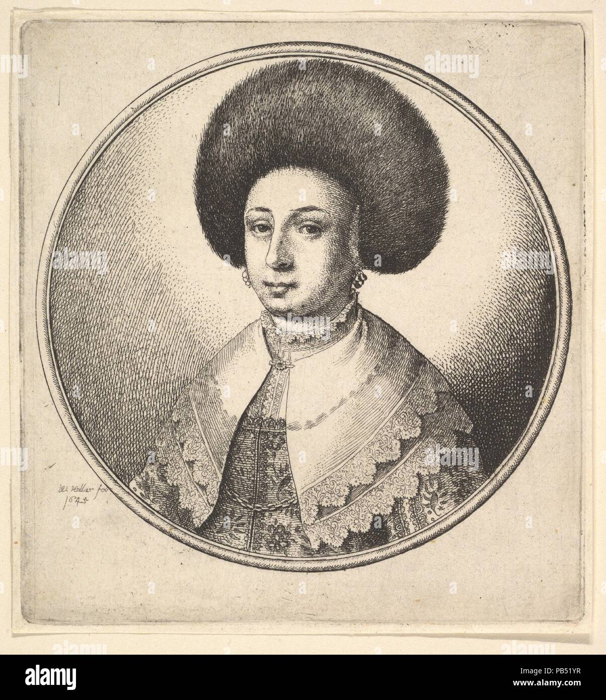 Woman with large circular fur hat and earrings. Artist: Wenceslaus Hollar (Bohemian, Prague 1607-1677 London). Dimensions: Plate: 4 × 3 3/4 in. (10.2 × 9.6 cm). Series/Portfolio: Women's heads framed in roundels  Thirteen plates. Date: 1645.  A woman shown bust-length, directed left; wearing a fur cap, earrings, shoulder wrap with double lace border, fastened with brooch, over brocaded gown, with a chain showing beneath the wrap. Museum: Metropolitan Museum of Art, New York, USA. Stock Photo