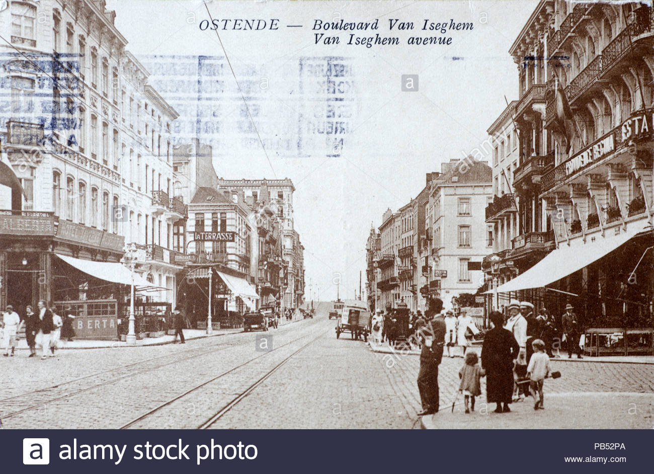 Ostende Belgium, Boulevard Van Iseghem avenue, vintage postcard from 1932 Stock Photo