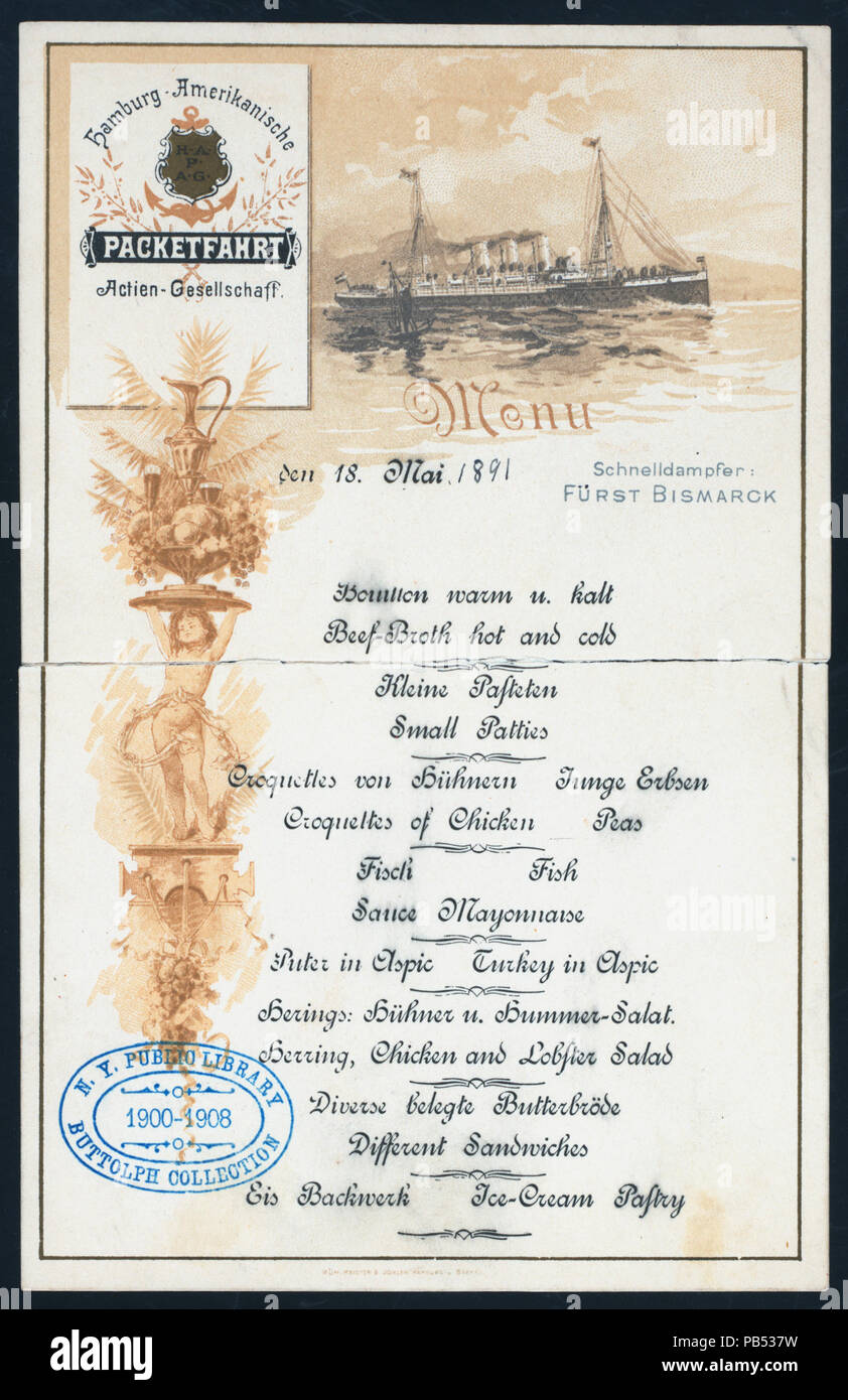 1017 MENU (held by) HAMBURG AMERIKANISCHE PACKETFAHRT; ACTIEN GESELLSCHAFF (at) (AT SEA) (FOREIGN STEAMSHIP) (NYPL Hades-269965-474615) Stock Photo