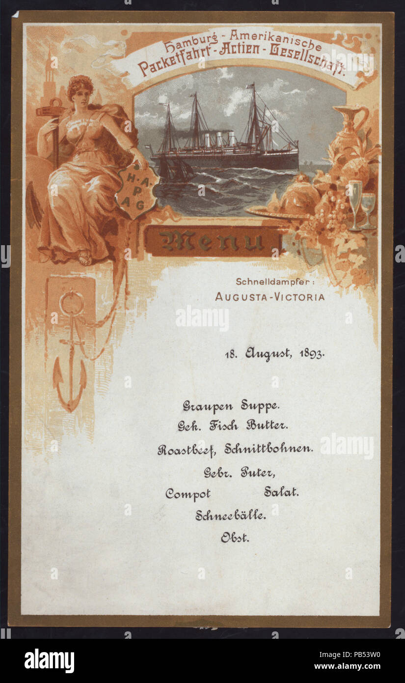 967 LUNCH ) (held by) HAMBURG-AMERIKANISCHE (SHIP COMPANY ) (at) AT SEA (SS;) (NYPL Hades-270281-474931) Stock Photo