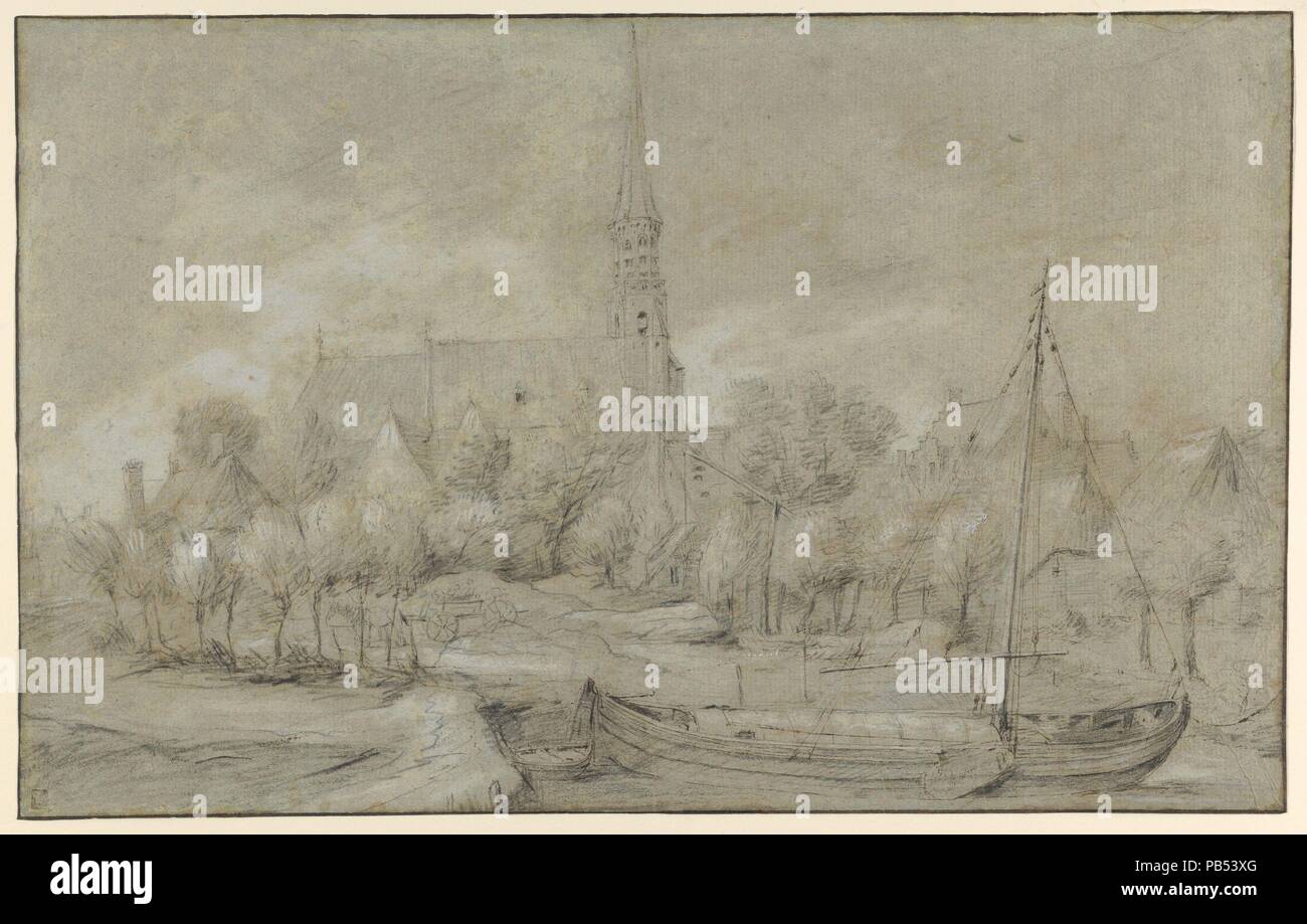 The Church of Saints Peter and Paul in Schelle, near Antwerp, seen from the North, with a Boat in the river Vliet. Artist: Anonymous, Flemish, 17th century. Dimensions: Sheet: 9 1/2 x 15 1/8 in. (24.1 x 38.4 cm). Former Attribution: Jan van Goyen (Dutch, Leiden 1596-1656 The Hague). Date: mid-17th century. Museum: Metropolitan Museum of Art, New York, USA. Stock Photo