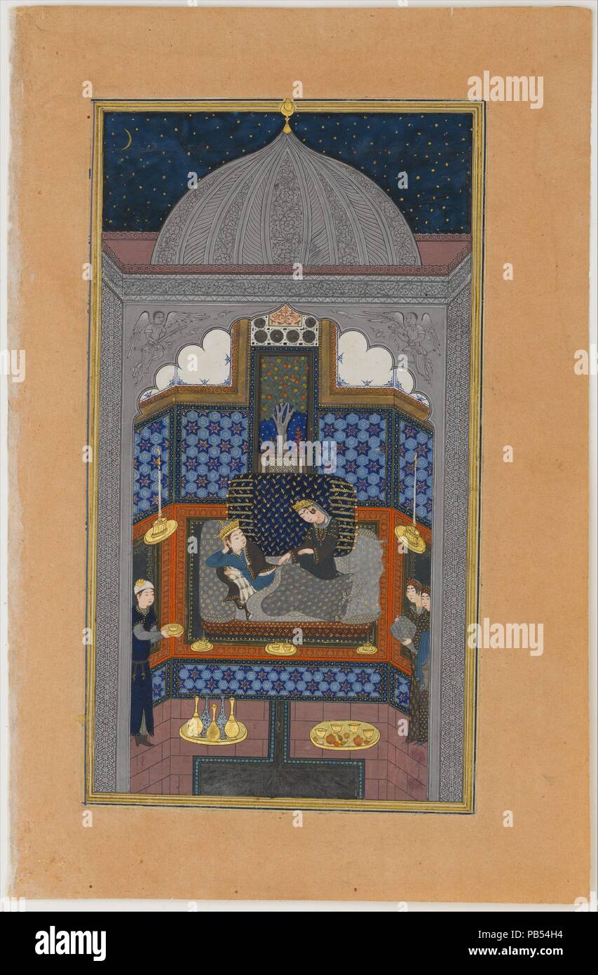 'Bahram Gur and the Indian Princess in the Dark Palace on Saturday', Folio 23v from a Haft Paikar (Seven Portraits) of the Khamsa (Quintet) of Nizami. Author: Nizami (Ilyas Abu Muhammad Nizam al-Din of Ganja) (probably 1141-1217). Calligrapher: Maulana Azhar (d. 1475/76). Dimensions: Painting: H. 8 1/2 in. (21.6 cm)   W. 4 5/8 in. (11.7 cm)  Page: H. 11 in. (27.9 cm)   W. 7 1/4 in. (18.4 cm)  Mat: H. 19 1/4 in. (48.9 cm)   W. 14 1/4 in. (36.2 cm). Date: ca. 1430.  'Bahram Gur and the Indian Princess in the Black Pavilion'.  The artist has achieved superb color harmony while still conveying the Stock Photo