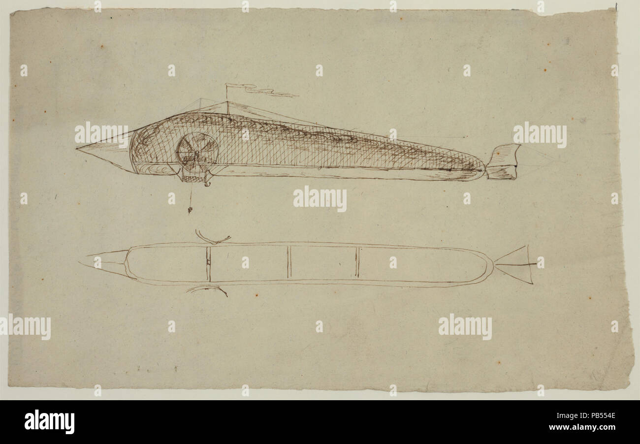 1782 Two views of an airship shaped like a long tube with a pointed nose, propellers on the side and a rudder, resembling an 1850 design proposed by Pierre Jullien, a French clock maker from Villejuif, LCCN2002735674 Stock Photo