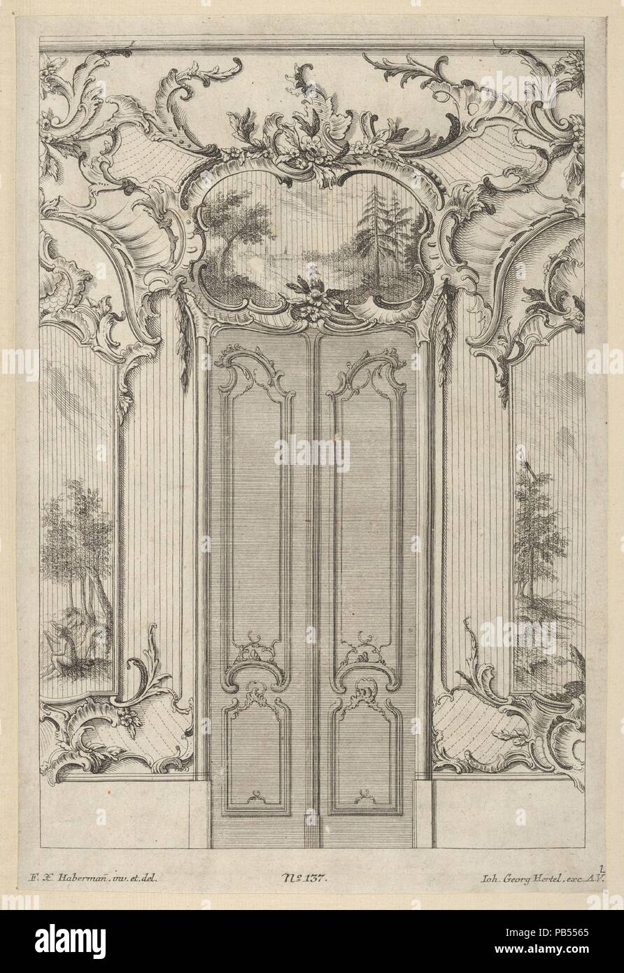 Wall Elevation with a Double Door, from 'Wandfüllungen'. Artist: Franz Xavier Habermann (German, 1721-1796). Dimensions: Sheet: 13 1/2 × 8 1/8 in. (34.3 × 20.6 cm). Publisher: Johann Georg Hertel (German, Augsburg ca. 1700-1775 Augsburg). Date: ca. 1748-70.  Wall elevation in Rococo style with a double door in the center. Over the door there is an overdoor painting showing a landscape. The walls on either side of the door are decorated with rocaille ornaments which were presumably to be executed in (gilt) stucco. Museum: Metropolitan Museum of Art, New York, USA. Stock Photo