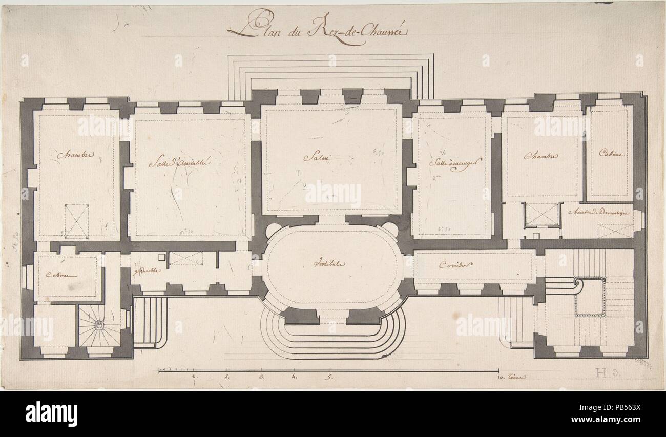 Ground Plan for a Palace. Artist: Degana. Designer: Designed by Raux. Dimensions: 9 13/16 x 16 7/8 in.  (24.9 x 42.8 cm). Date: n.d.. Museum: Metropolitan Museum of Art, New York, USA. Stock Photo