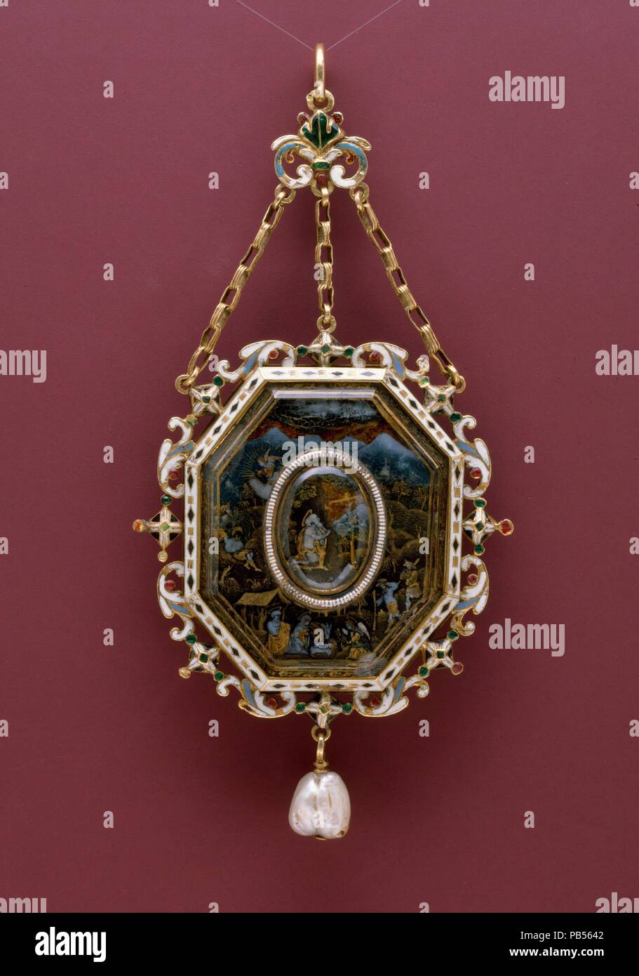 Pendant with Scenes from the Life of Christ and Two Saints. Culture: German or French. Designer: Reinhold Vasters (German, Erkelenz 1827-1909 Aachen). Dimensions: Height: 5 1/4 in. (13.3 cm). Date: ca. 1870-95.  The frame of this pendant was made from an unpublished design by Reinhold Vasters in the collection of the Victoria and Albert Museum, London (inv. No. E 3569-1919). The pendant is based on a sixteenth-century type believed to have been made in northern Italy or perhaps Spain. Faith Dennis published an example from the J. Pierpont Morgan Collection in The Metropolitan Museum of Art (17 Stock Photo