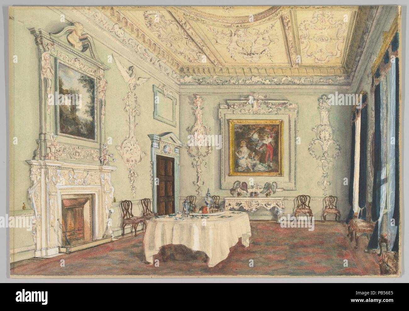 Kirtlington Park, Oxfordshire: View of the Dining Room. Artist: Susan Alice Dashwood (British, 1856-1922). Dimensions: sheet: 13 11/16 x 19 11/16 in. (34.8 x 50 cm). Date: 1876.  This drawing documents the history of the Kirtlington Park dining room, showing the table set for tea in 1876, with its original eighteenth-century dining chairs and side table in place. At this date, the ceiling was still its original yellow and cream colors, while the walls had been repainted a light green. A large Turkish carpet covers most of the wooden floor. Museum: Metropolitan Museum of Art, New York, USA. Stock Photo