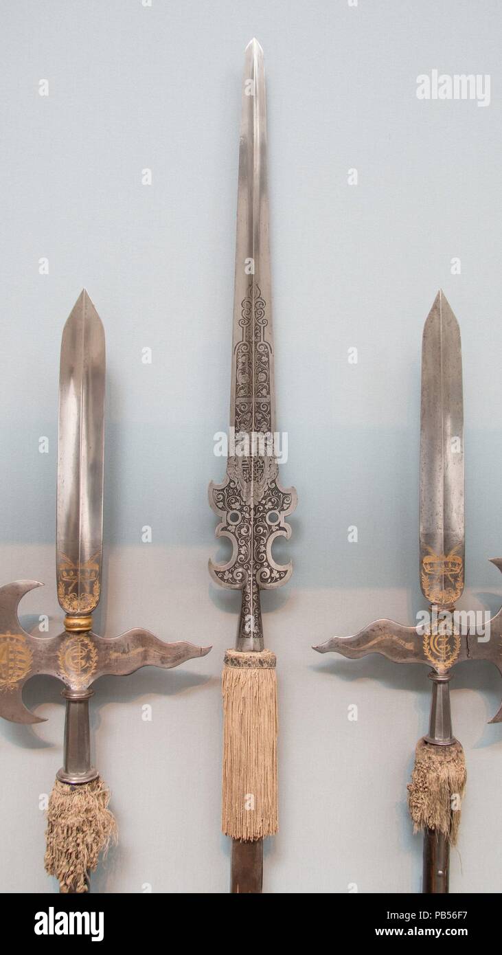 Partisan of Johann Georg I of Saxony (reigned 1611-56). Culture: German. Dimensions: L. 108 11/32 in. (275.2 cm); L. of head (excluding straps) 30 1/2 in. (77.5 cm); W. 4 1/2 in. (11.4 cm); Wt. 6 lb. 5 oz. (2863 g). Date: ca. 1625.  This staff weapon was carried by the bodyguards of the Prince-Electors of Saxony. Museum: Metropolitan Museum of Art, New York, USA. Stock Photo