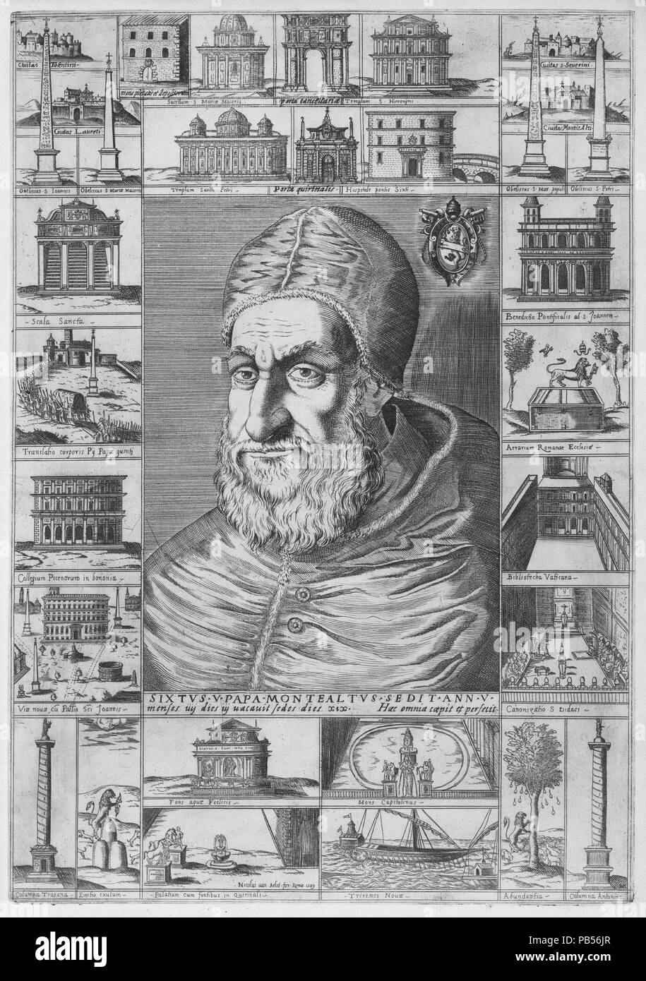 Portrait of Sixtus V. Dimensions: plate: 20 1/16 x 14 in. (50.9 x 35.5 cm)  sheet: 21 3/16 x 16 5/16 in. (53.8 x 41.5 cm). Publisher: Published by Nicolaus van Aelst (Flemish, Brussels 1526-1613 Rome). Sitter: Portrait of Pope Sixtus V (Felice Peretti) (Italian, Grottamare near Pescara 1520-1590 Rome). Date: ca. 1589. Museum: Metropolitan Museum of Art, New York, USA. Stock Photo