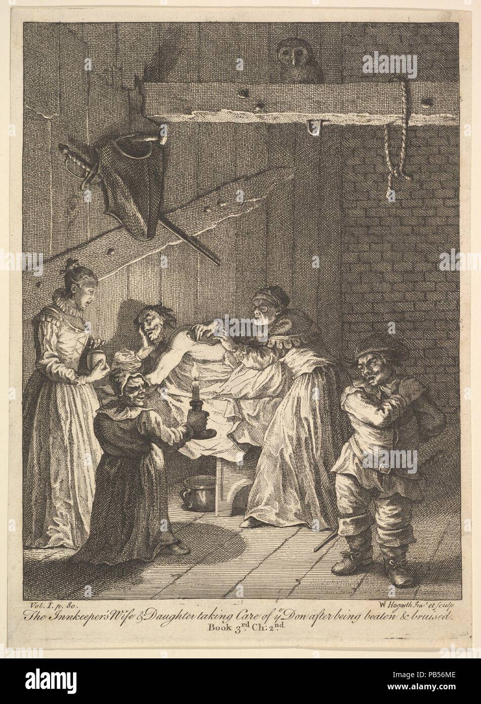 The Innkeeper's Wife and Daughter Taking Care of ye Don after Being Beaten and Bruised (Six Illustrations for Don Quixote). Artist: William Hogarth (British, London 1697-1764 London). Author: Illustration of Miguel de Cervantes Saavedra (Spanish, Alcalá 1547-1616 Madrid). Dimensions: Sheet: 9 15/16 x 7 3/16 in. (25.2 x 18.3 cm). Date: 1756 or after. Museum: Metropolitan Museum of Art, New York, USA. Stock Photo
