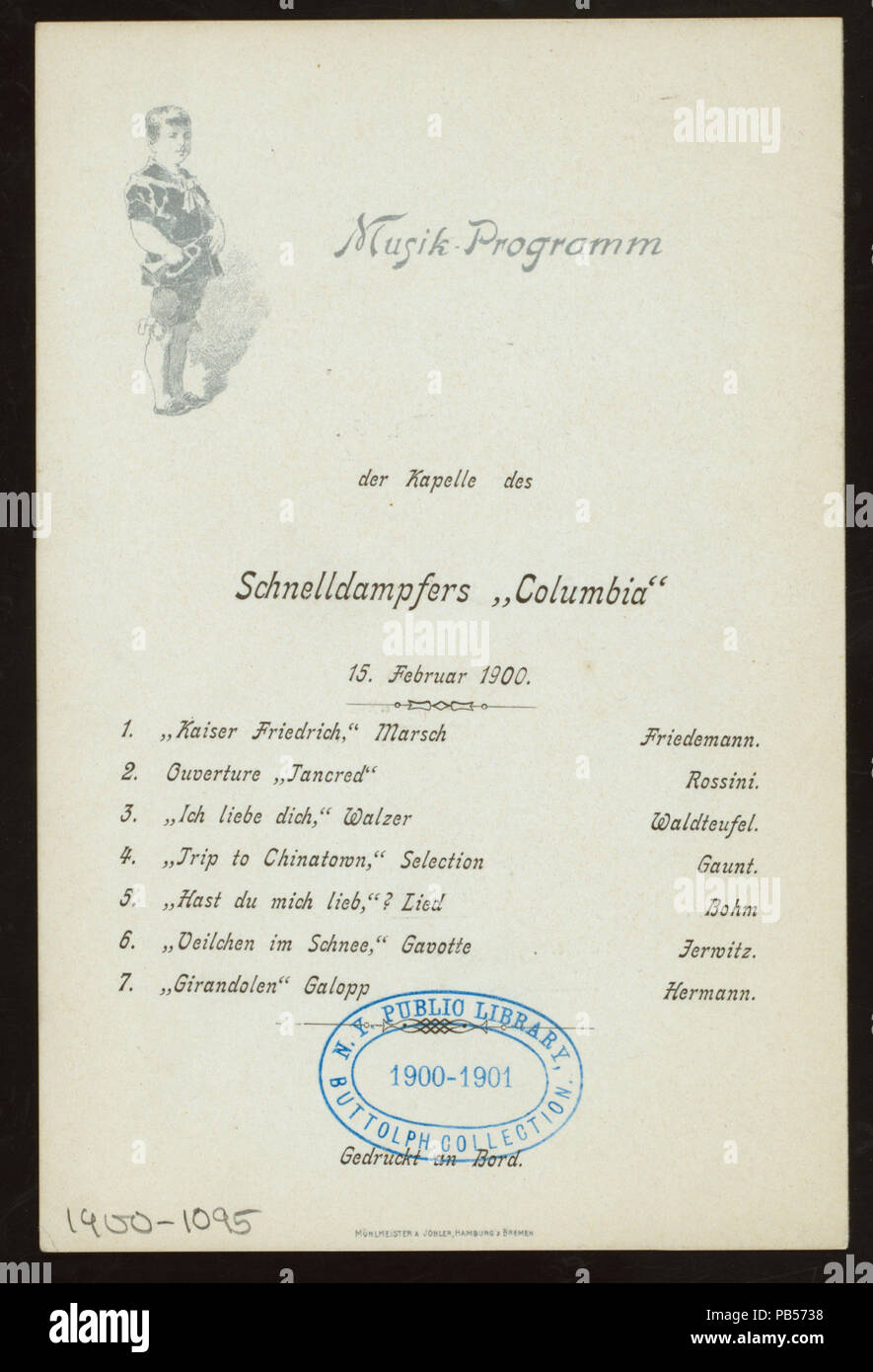 1017 MENU (held by) HAMBURG-AMERIKA LINIE (at) SCHNELLDAMPFER COLUMBIA (SS;) (NYPL Hades-272789-4000008110) Stock Photo