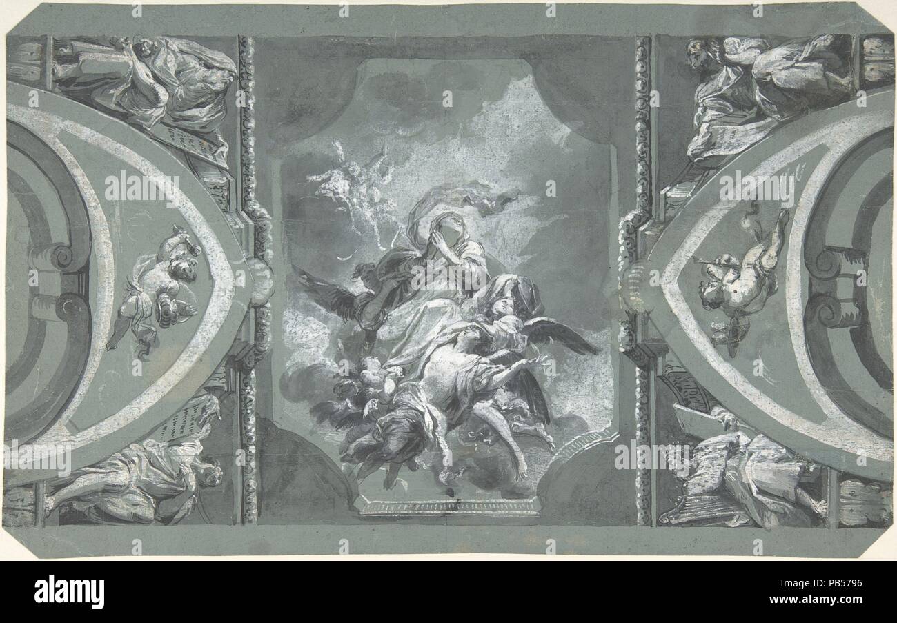 Study for the Decoration of a Vault. Artist: Carlo Alberto Baratta (Italian, Genoa 1754-1815 Genoa). Dimensions: 9 15/16 x 16 in.  (25.3 x 40.7 cm). Date: 1754-1815.  Baratta's work represents a last flowering of the exuberant Genoese Baroque style toward the end of ?the eighteenth century. His steeply foreshortened figures grouped airily within framing architectural elements follow an earlier tradition of illusionistic fresco painting in Genoa. This carefully constructed ceiling design has been connected to Baratta's fresco in the vault of the chapel of Saint Anne in the now-destroyed church  Stock Photo