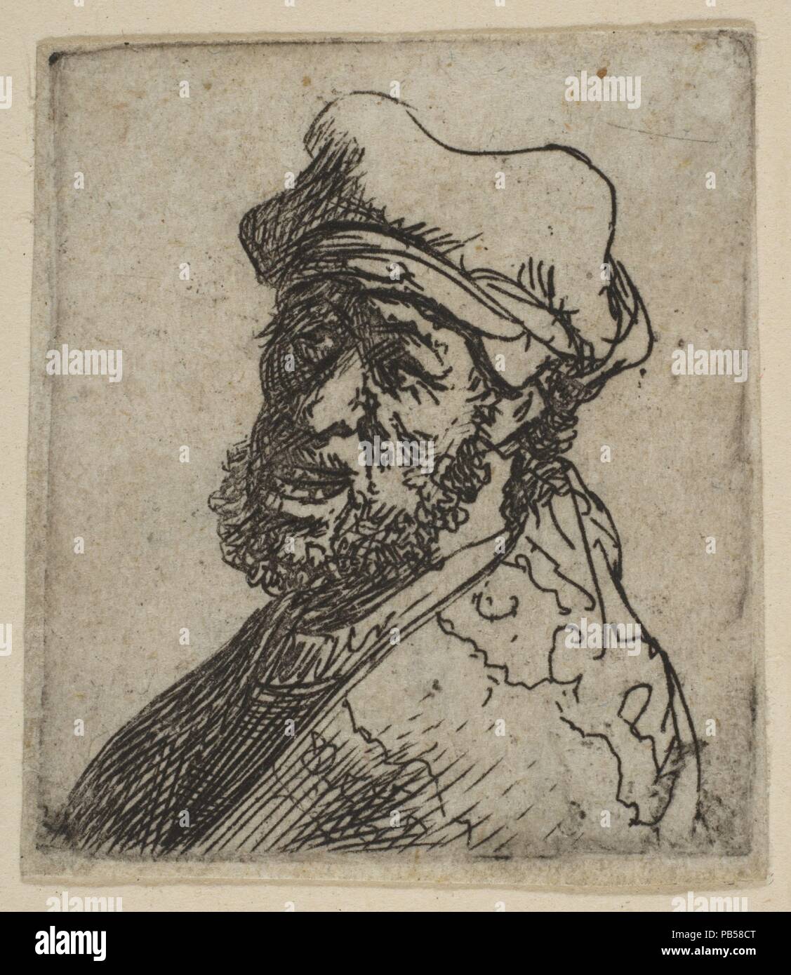Man Crying Out, Three-Quarters Left: Bust. Artist: Rembrandt (Rembrandt van Rijn) (Dutch, Leiden 1606-1669 Amsterdam). Dimensions: Sheet: 1 5/8 × 1 7/16 in. (4.1 × 3.6 cm)  Plate: 1 1/2 × 1 5/16 in. (3.8 × 3.4 cm). Date: ca. 1629. Museum: Metropolitan Museum of Art, New York, USA. Stock Photo