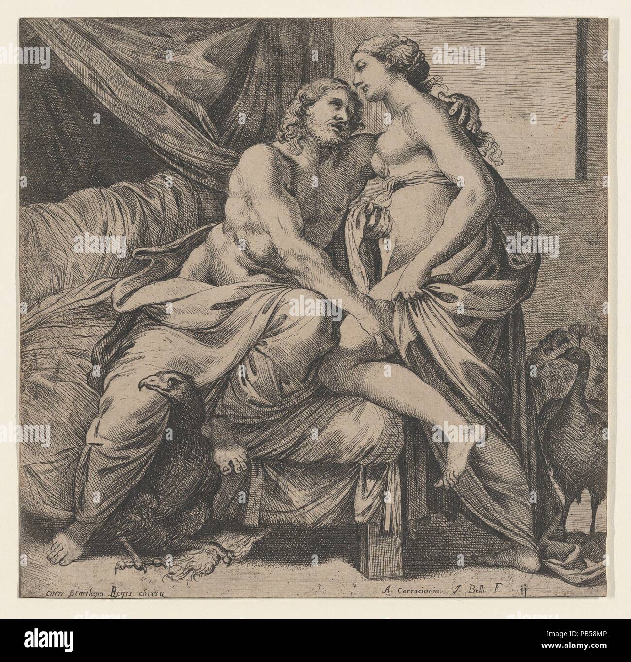 Jupiter embracing Juno, from the Farnese Palace. Artist: After Annibale Carracci (Italian, Bologna 1560-1609 Rome); After Agostino Carracci (Italian, Bologna 1557-1602 Parma); Jacques Belly (French, Chartres 1609-1674 Chartres). Dimensions: Sheet (trimmed): 8 7/8 × 5 7/8 in. (22.5 × 15 cm). Series/Portfolio: La Gallerie du Palais Farnaise de la ville de Rome. Date: 1641. Museum: Metropolitan Museum of Art, New York, USA. Stock Photo